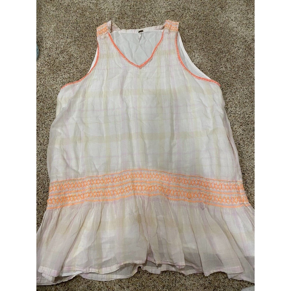Free People Tunic dress small White Orange Smocking Details V Neck Sleeveless